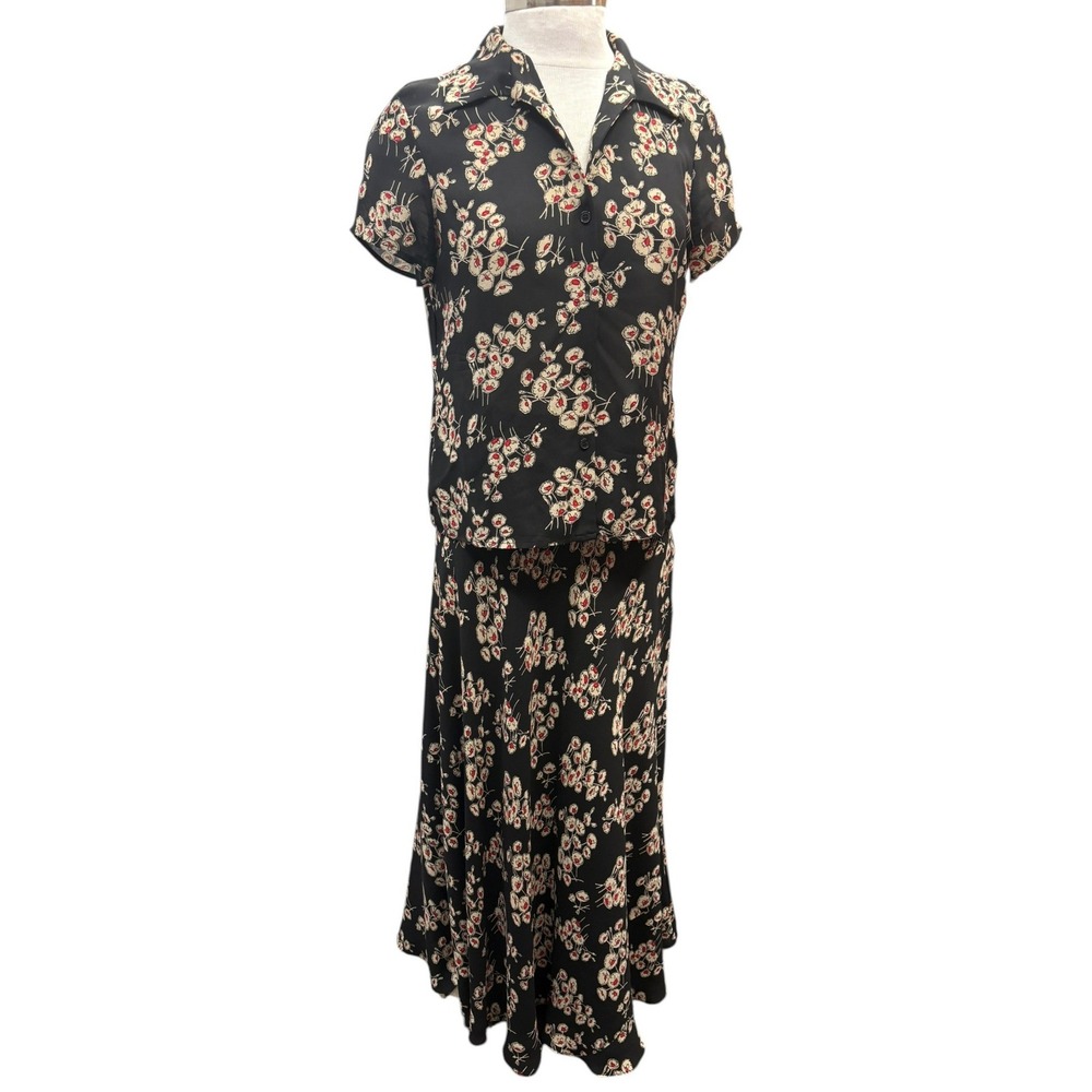Vintage Jones New York Silk Two Piece Skirt Set Black Poppy Floral Outfit 6